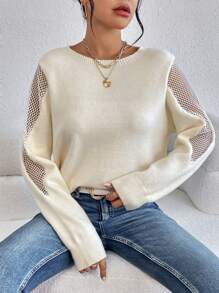 SHEIN LUNE 拼接漁網袖套頭毛衣 - 杏色 - 查看 7