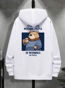 Men Slogan & Cartoon Bear Graphic Drawstring Hoodie - White - View 1