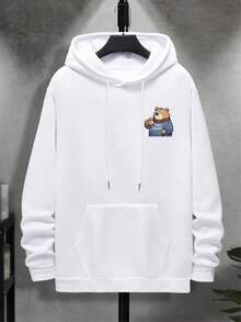 Men Slogan & Cartoon Bear Graphic Drawstring Hoodie - White - View 2