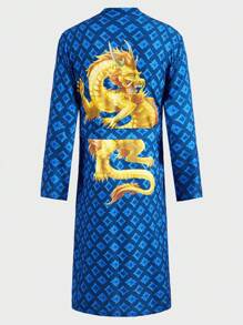 Hombres Bata con estampado de dragón chino - Azul - Ver 1