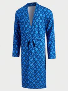 Hombres Bata con estampado de dragón chino - Azul - Ver 3