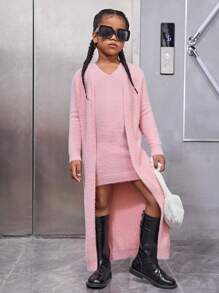 SHEIN Tween Girl Solid Sleeveless Sweater Dress & Duster Cardigan - Pink - View 1