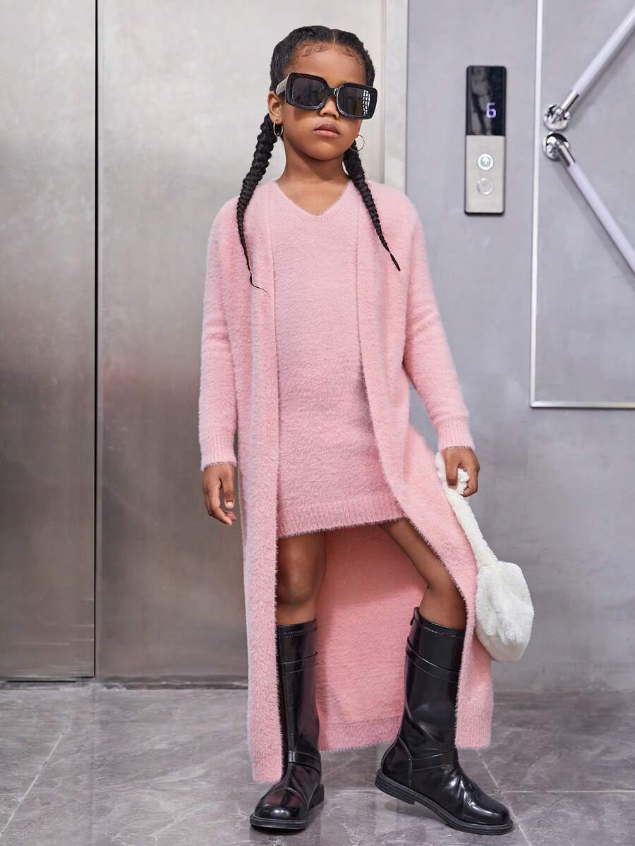 SHEIN Tween Girl Solid Sleeveless Sweater Dress & Duster Cardigan - Pink - View 1