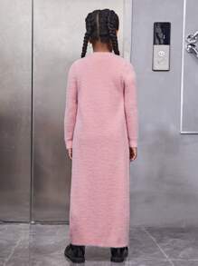 SHEIN Tween Girl Solid Sleeveless Sweater Dress & Duster Cardigan - Pink - View 2