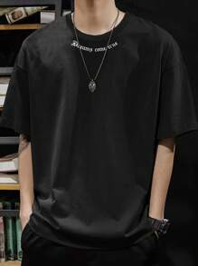 Claim Dot 男士標語圖案落肩T恤 - 黑色 - 查看 1