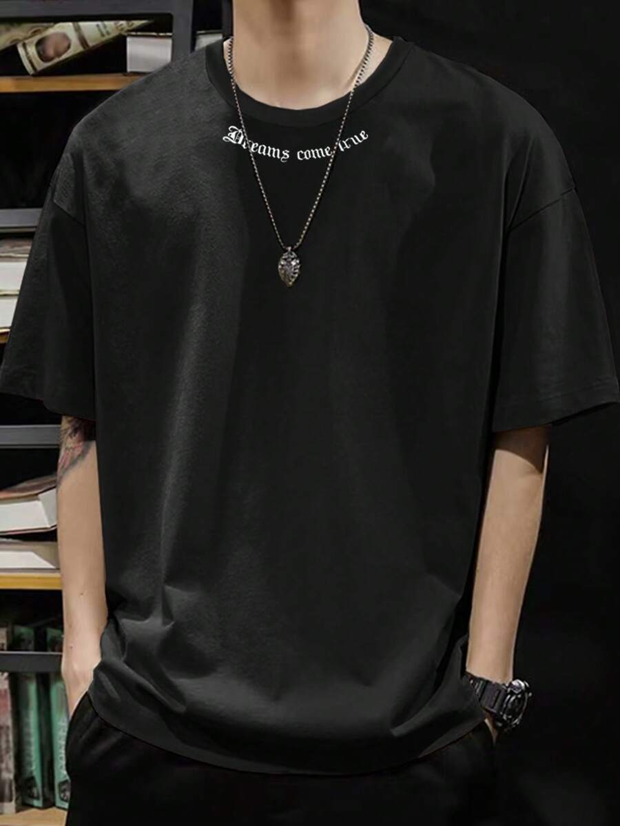 Claim Dot 男士標語圖案落肩T恤 - 黑色 - 查看 1