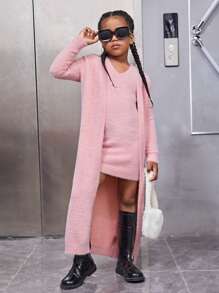 SHEIN Tween Girl Solid Sleeveless Sweater Dress & Duster Cardigan - Pink - View 3