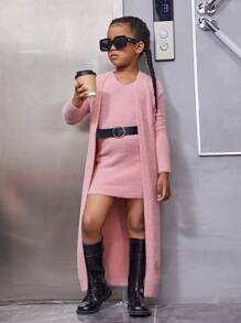 SHEIN Tween Girl Solid Sleeveless Sweater Dress & Duster Cardigan - Pink - View 5
