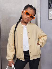 SHEIN 女大童日常運動和閒暇搖粒絨拉鍊夾克 - 杏色 - 查看 2