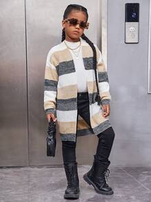 SHEIN Tween Girl Elegant Loose Fit Long Sleeve Ombre Knit Cardigan - Multicolor - View 3