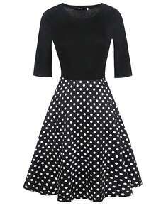Polka Dot Print Hidden Pocket Dress - Black - View 2