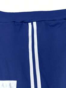 con estampado de letra Camiseta & con costura lateral en contraste Pantalones deportivos - Azul - Ver 3