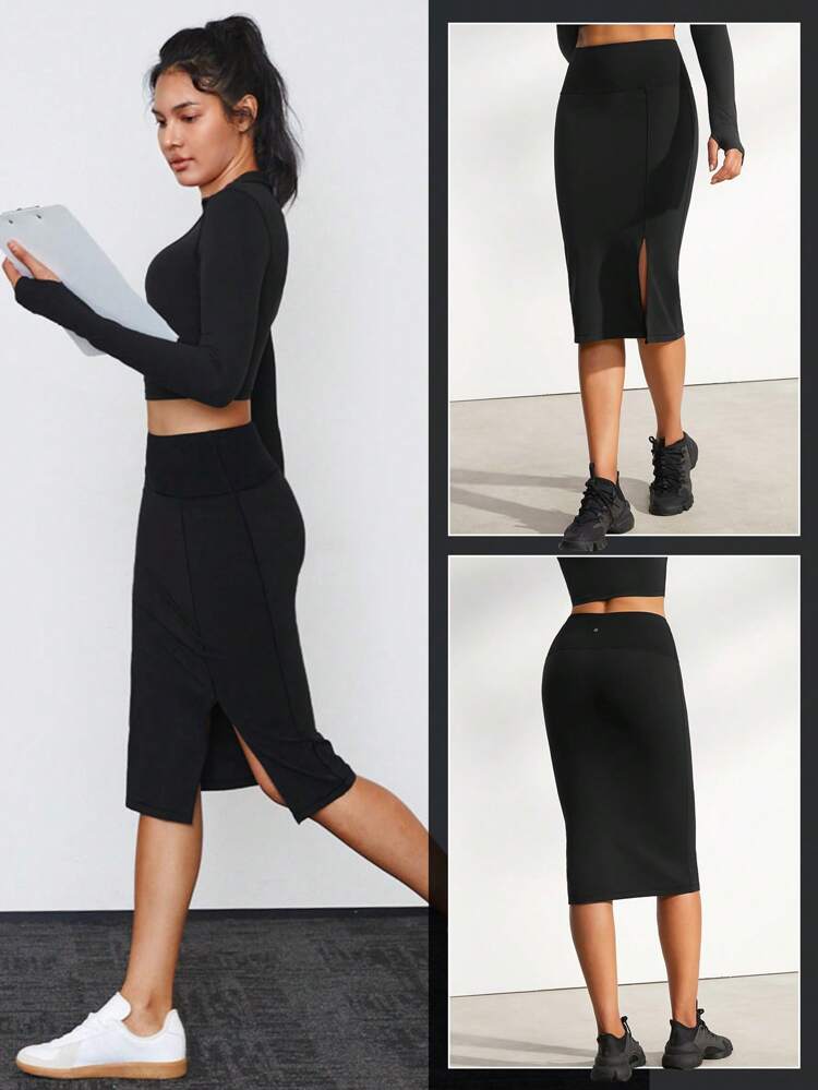 FeatherFit™-Sculpt Tummy Control Slit Midi Pencil Skirt