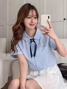 DAZY 字母刺繡前紐扣襯衫附領帶 - 淺藍色 - 查看 4