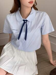 DAZY 字母刺繡前紐扣襯衫附領帶 - 淺藍色 - 查看 7