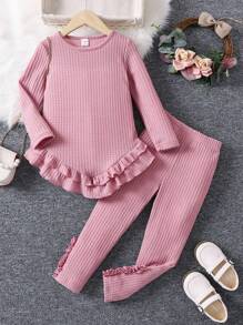 SHEIN Young Girl Waffle Knit Ruffle Hem Top & Leggings - Dusty Pink - View 1