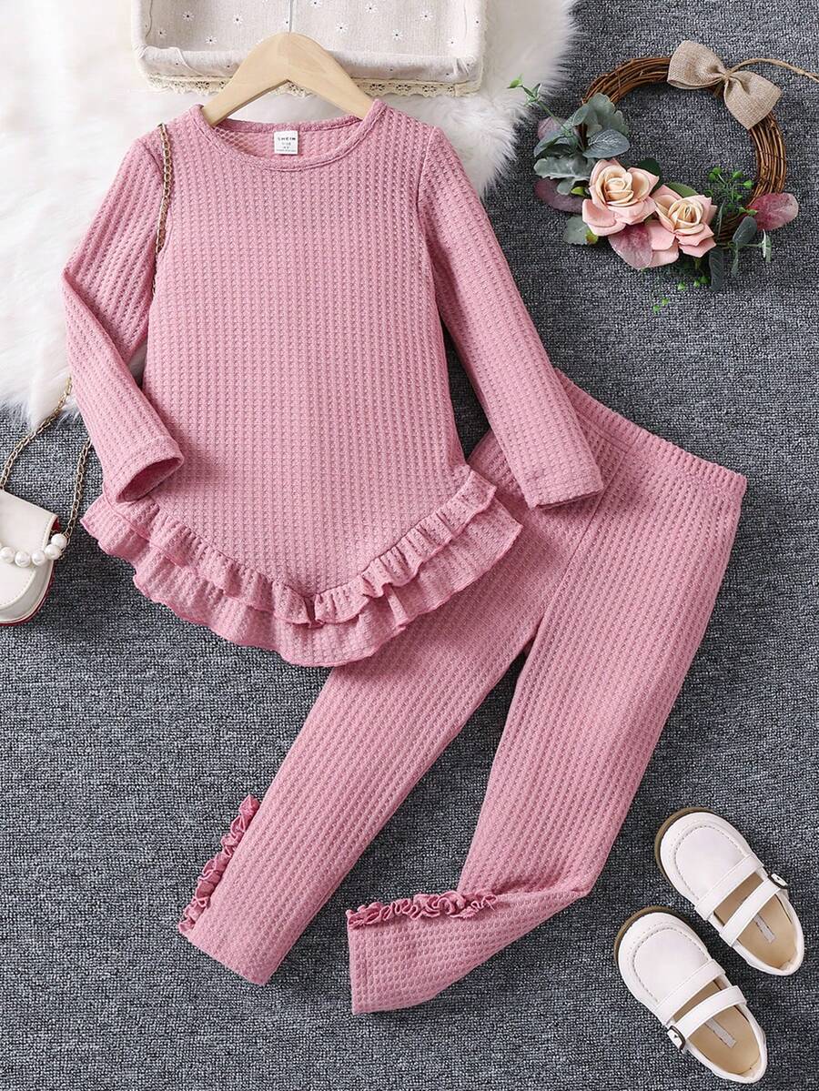 SHEIN Young Girl Waffle Knit Ruffle Hem Top & Leggings - Dusty Pink - View 1