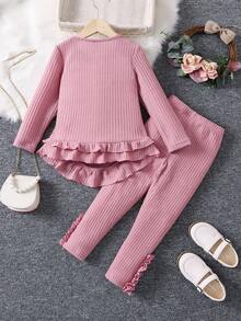 SHEIN Young Girl Waffle Knit Ruffle Hem Top & Leggings - Dusty Pink - View 2