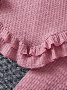 SHEIN Young Girl Waffle Knit Ruffle Hem Top & Leggings - Dusty Pink - View 4
