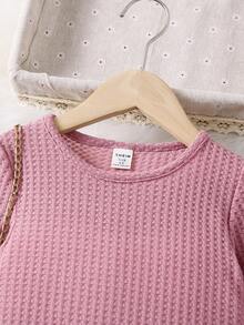 SHEIN Young Girl Waffle Knit Ruffle Hem Top & Leggings - Dusty Pink - View 5