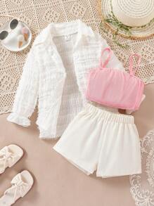 SHEIN Cô Gái Trẻ Lớp phủ lưới Kết cấu Dài Áo sơ mi Với Màu hồng Áo vest Và Bộ quần short , 3pcs - Nhiều màu - Xem 1
