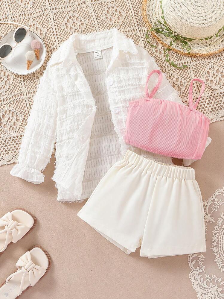 SHEIN Cô Gái Trẻ Lớp phủ lưới Kết cấu Dài Áo sơ mi Với Màu hồng Áo vest Và Bộ quần short , 3pcs - Nhiều màu - Xem 1