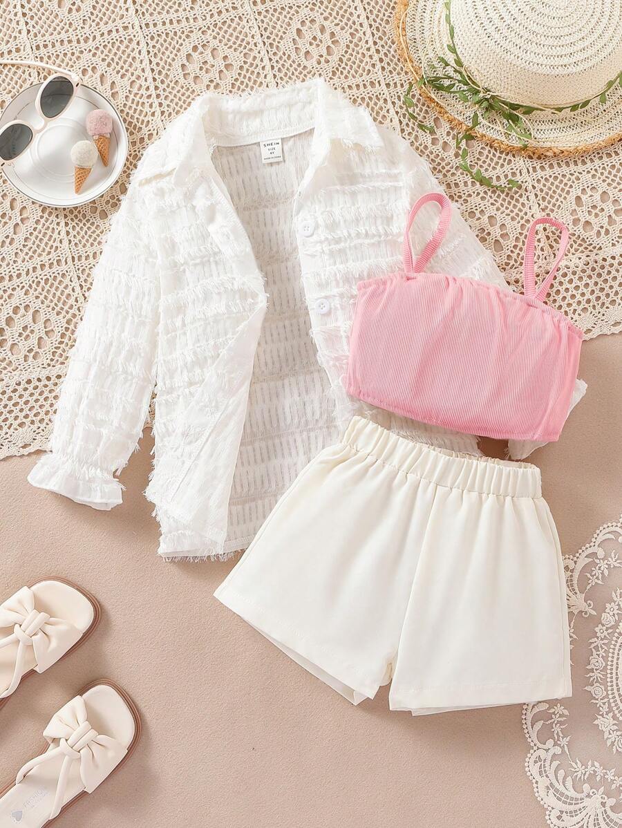 SHEIN Cô Gái Trẻ Lớp phủ lưới Kết cấu Dài Áo sơ mi Với Màu hồng Áo vest Và Bộ quần short , 3pcs - Nhiều màu - Xem 1