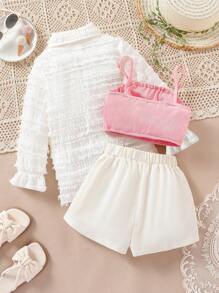 SHEIN Cô Gái Trẻ Lớp phủ lưới Kết cấu Dài Áo sơ mi Với Màu hồng Áo vest Và Bộ quần short , 3pcs - Nhiều màu - Xem 2