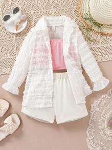 SHEIN Cô Gái Trẻ Lớp phủ lưới Kết cấu Dài Áo sơ mi Với Màu hồng Áo vest Và Bộ quần short , 3pcs - Nhiều màu - Xem 4