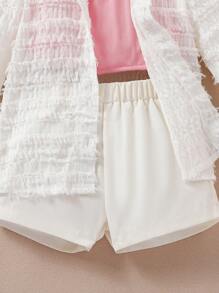 SHEIN Cô Gái Trẻ Lớp phủ lưới Kết cấu Dài Áo sơ mi Với Màu hồng Áo vest Và Bộ quần short , 3pcs - Nhiều màu - Xem 5