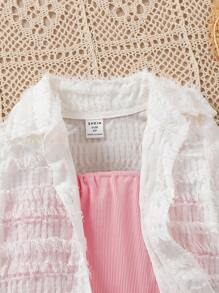 SHEIN Cô Gái Trẻ Lớp phủ lưới Kết cấu Dài Áo sơ mi Với Màu hồng Áo vest Và Bộ quần short , 3pcs - Nhiều màu - Xem 7