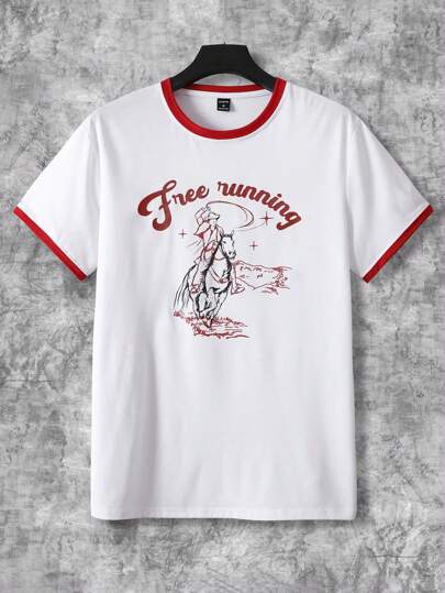 تي شيرت بجرافيك شخصية وعبارة مقلم متباين للرجال