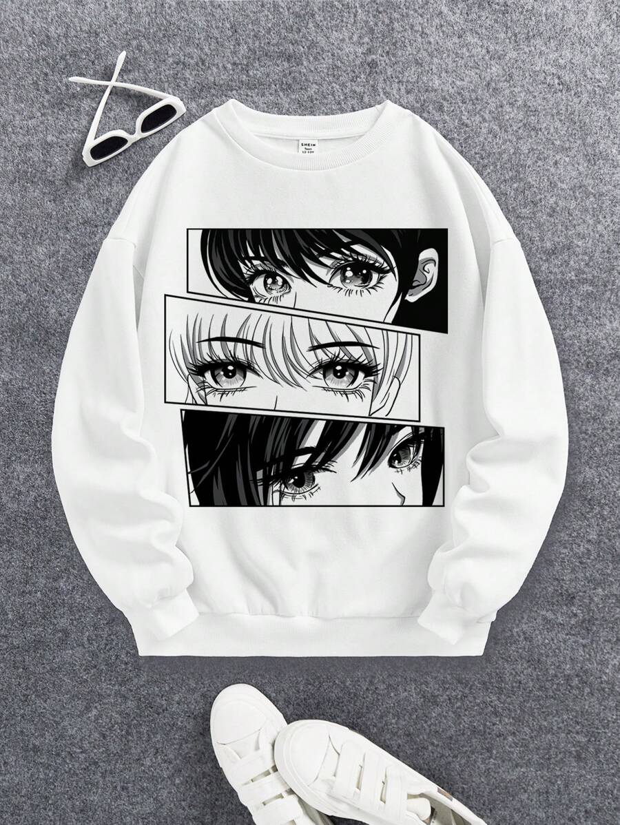 Teen Girl Figure Graphic Drop Shoulder Sweatshirt - White - View 1