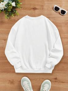 SHEIN 青少年女孩字母圖案落肩袖運動衫 - 白色 - 查看 2