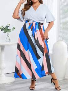 SHEIN Clasi Plus Geo Print Butterfly Sleeve Belted Dress - Multicolor - View 1