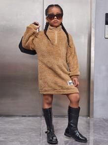 SHEIN Tween Girl Letter Patched Detail Drop Shoulder Teddy Sweatshirt Dress - Coffee Brown - View 1