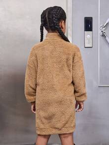 SHEIN Tween Girl Letter Patched Detail Drop Shoulder Teddy Sweatshirt Dress - Coffee Brown - View 2