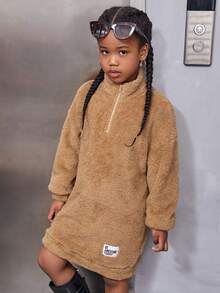 SHEIN Tween Girl Letter Patched Detail Drop Shoulder Teddy Sweatshirt Dress - Coffee Brown - View 3