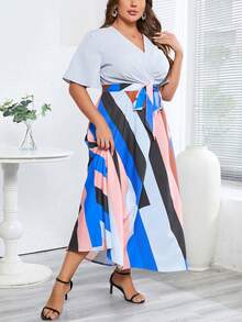 SHEIN Clasi Plus Geo Print Butterfly Sleeve Belted Dress - Multicolor - View 4