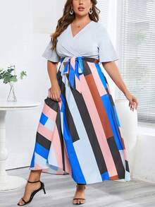 SHEIN Clasi Plus Geo Print Butterfly Sleeve Belted Dress - Multicolor - View 5