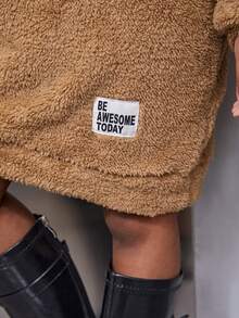 SHEIN Tween Girl Letter Patched Detail Drop Shoulder Teddy Sweatshirt Dress - Coffee Brown - View 6