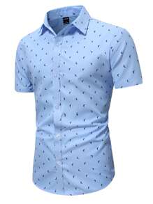 Manfinity Mode 男士全印花单排扣休闲短袖衬衫（不对称印花） - 藍色 - 查看 4