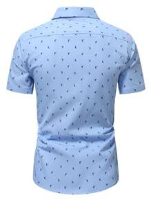 Manfinity Mode 男士全印花单排扣休闲短袖衬衫（不对称印花） - 藍色 - 查看 2