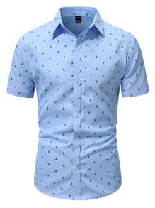 Manfinity Mode 男士全印花单排扣休闲短袖衬衫（不对称印花） - 藍色 - 查看 1