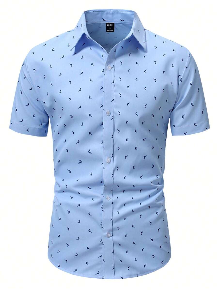 Manfinity Mode 男士全印花单排扣休闲短袖衬衫（不对称印花） - 藍色 - 查看 1