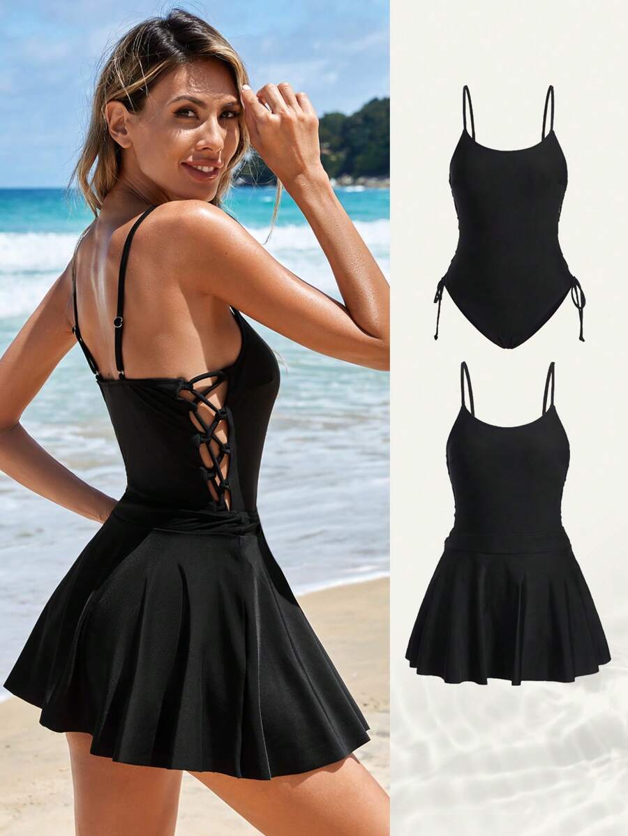 Swim Vcay Đồ bơi một mảnh buộc dây có váy, cho kỳ nghỉ hè ở bãi biển - màu đen - Xem 1