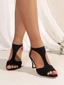 Fashionable High Heel Sandals For Women With Zipper Back, Peep Toe And Side Cutout Design, Plus Size, Summer - Black - View 2
