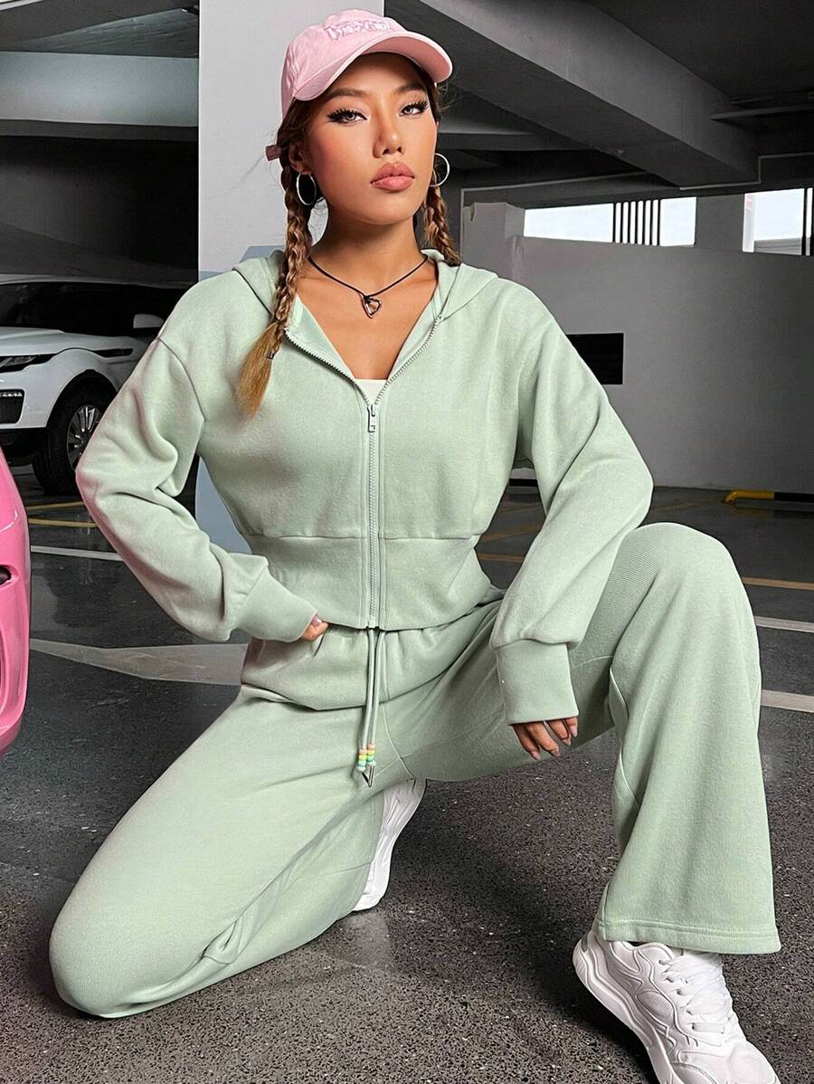 SHEIN EZwear Drop Shoulder Zipper Up Hoodie & Sweatpants - Green - View 1