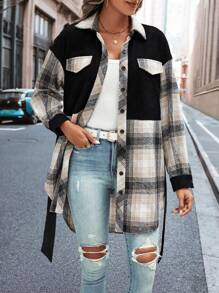 SHEIN LUNE Plaid Print Drop Shoulder Flap Detail Belted Overcoat - Multicolor - View 4