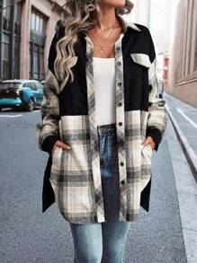 SHEIN LUNE Plaid Print Drop Shoulder Flap Detail Belted Overcoat - Multicolor - View 3